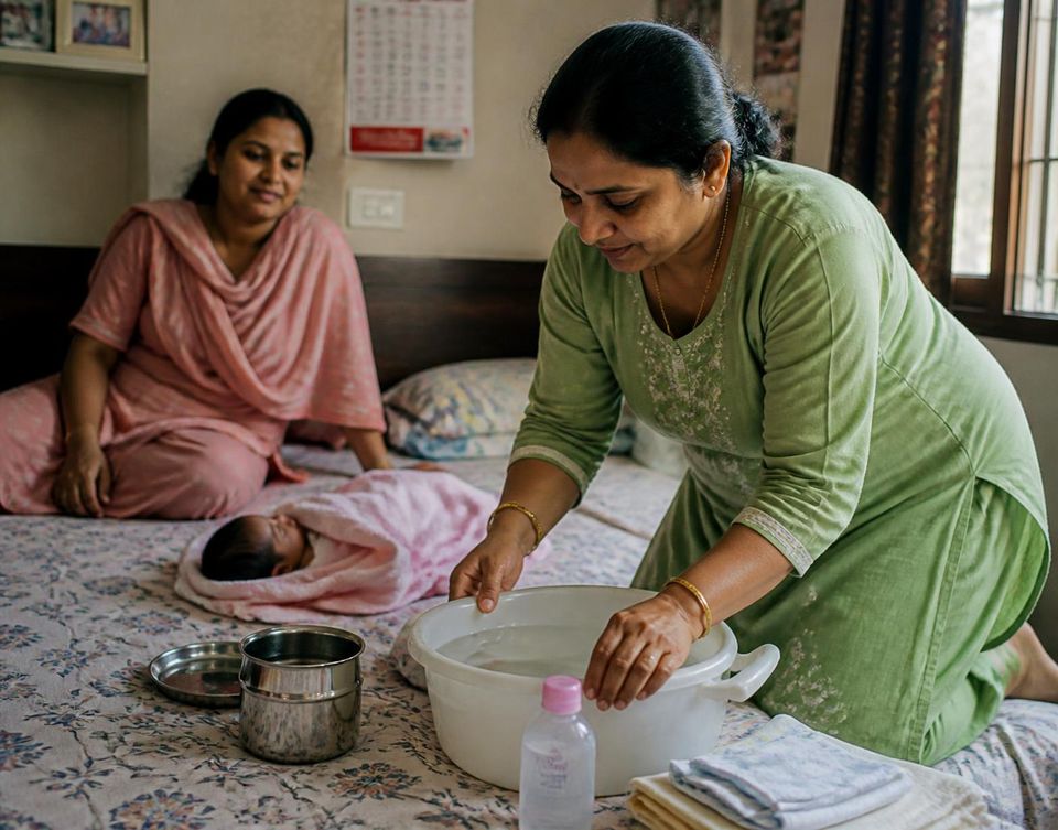 A caregiver preparing warm water and towels for a newborn's bath