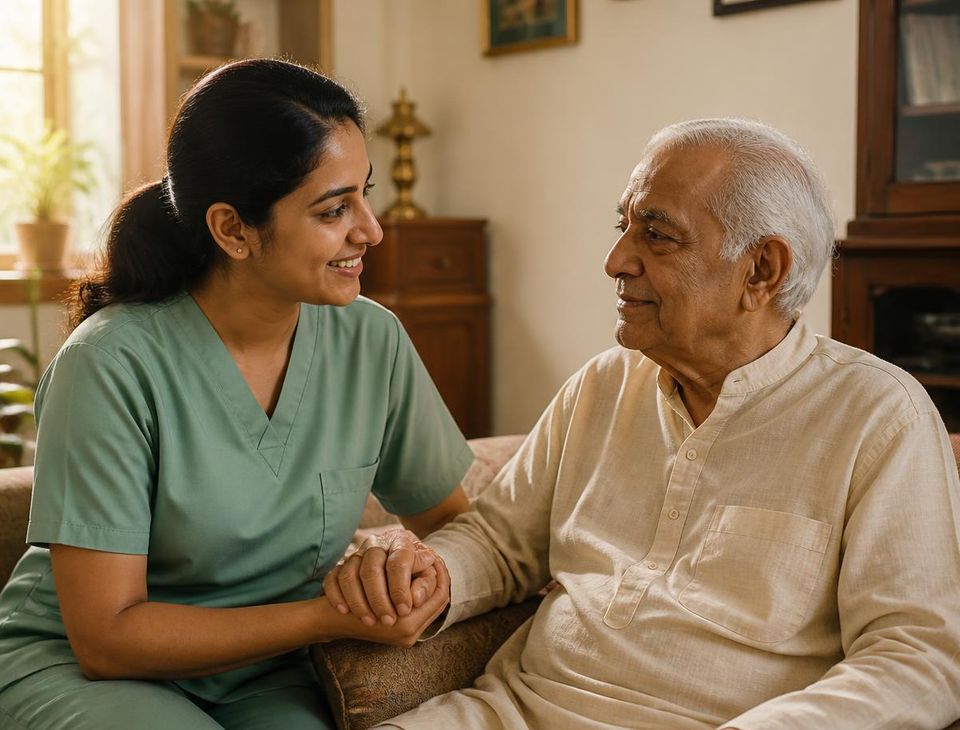A nurse sitting with an elderly man in a sunlit living room
