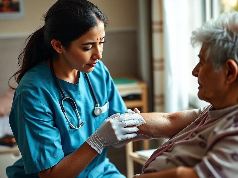 A home nurse changing a sterile wound dressing on an elderly patient's arm