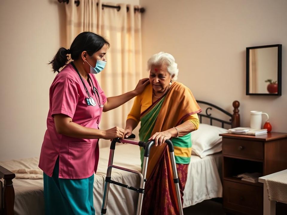 A nurse helping an elderly woman stand and walk using a walker