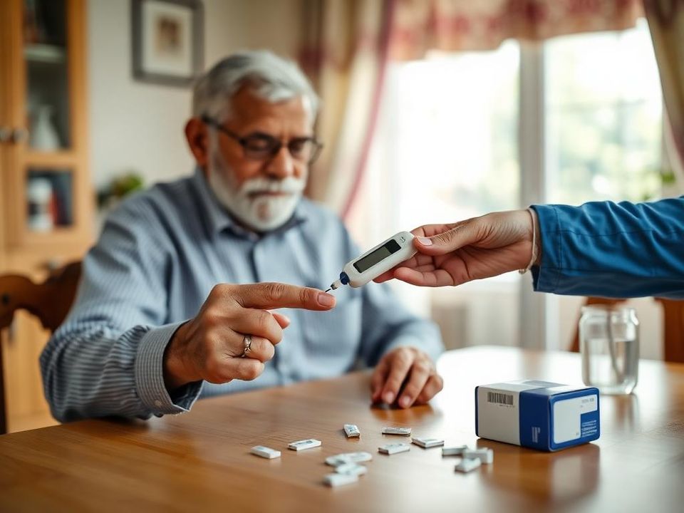 A nurse checking an elderly man's blood sugar with a glucometer