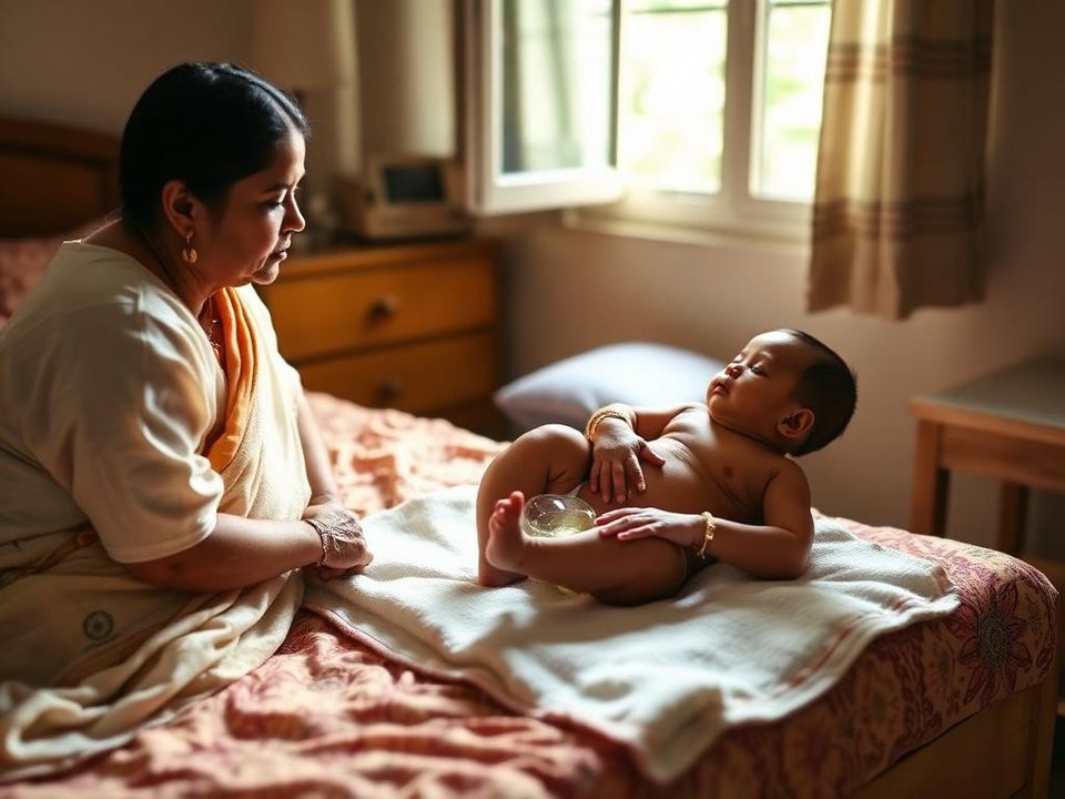 A caregiver giving a newborn a gentle oil massage on a soft towel at home