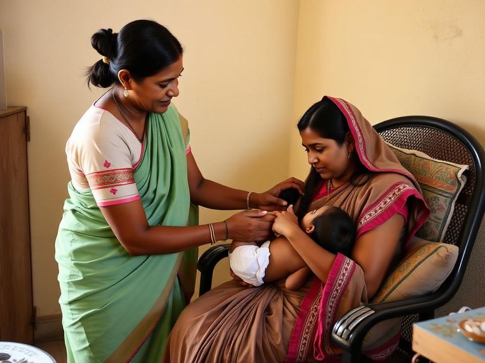A caregiver guiding a new mother with breastfeeding positioning