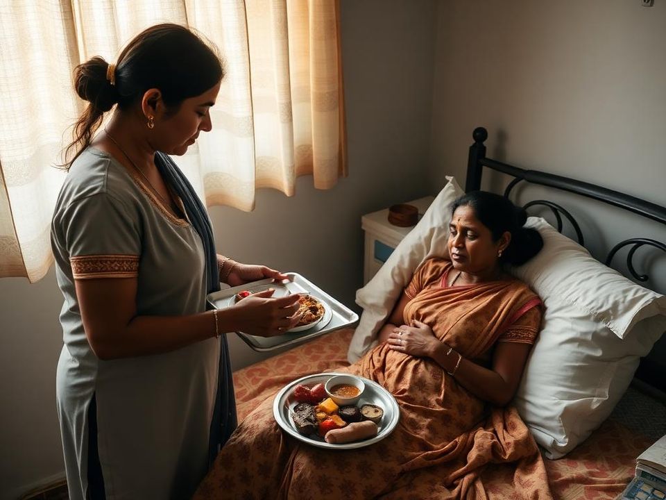 A caregiver serving a warm postpartum meal to a resting mother