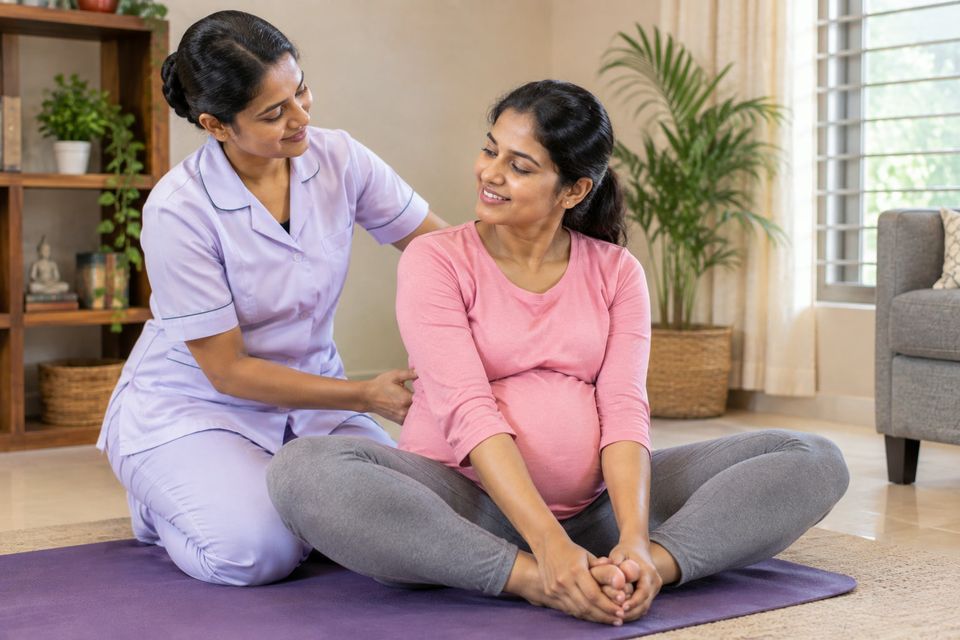 A caregiver supporting an expectant mother in a seated stretching pose on a yoga mat at home