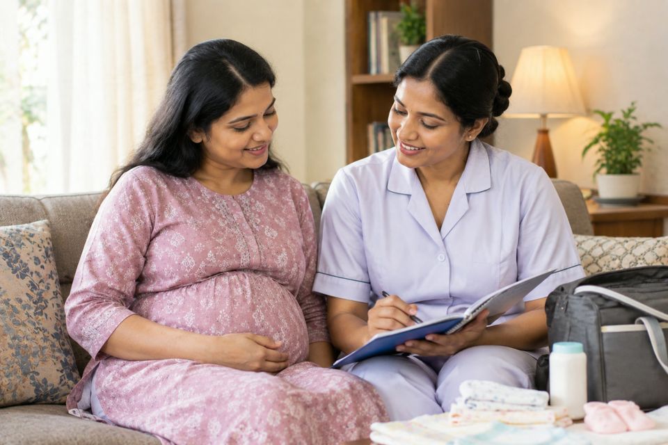 A caregiver discussing notes and baby essentials with an expectant mother on a sofa