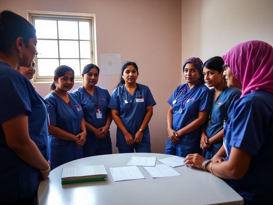 Nurses in a short training discussion around a table with care notes
